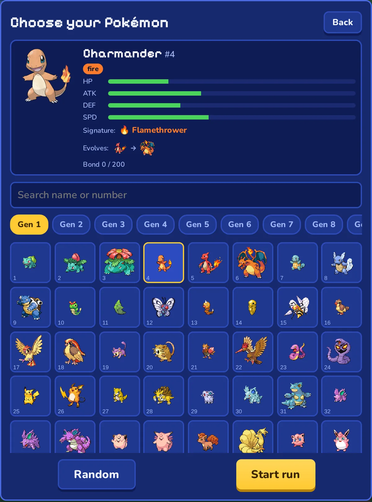 The Choose your Pokémon screen, showing Charmander's stats and the first generation.