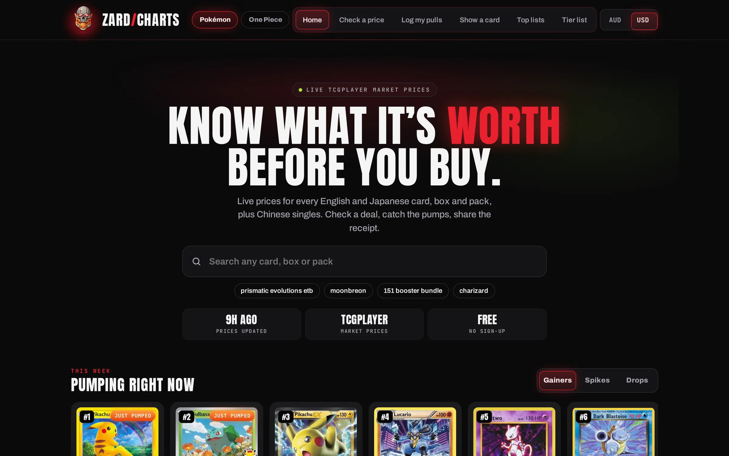 Zard Charts on desktop: search any card, box or pack, with this week's biggest price gainers.