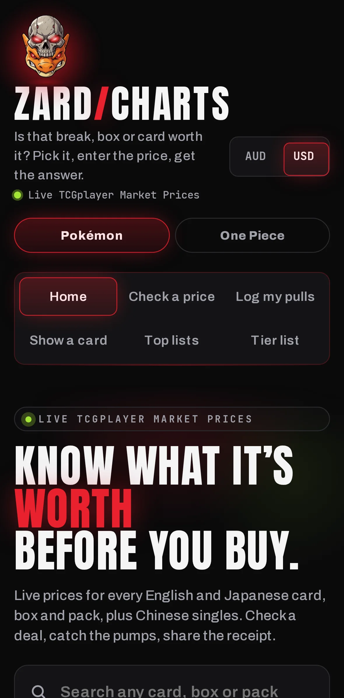 Zard Charts on iPhone: the Pokémon and One Piece price checker's home screen.